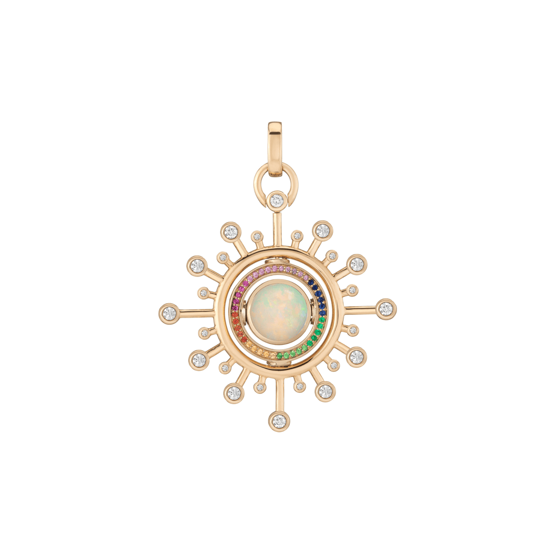 Mined + Found Pendants aurora in orbit, Ethiopian opal + rainbow sapphire