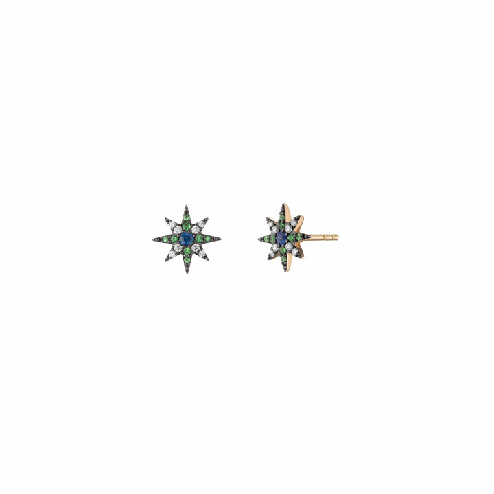 Mined + Found Earrings north star studs, sapphire and tsavorite