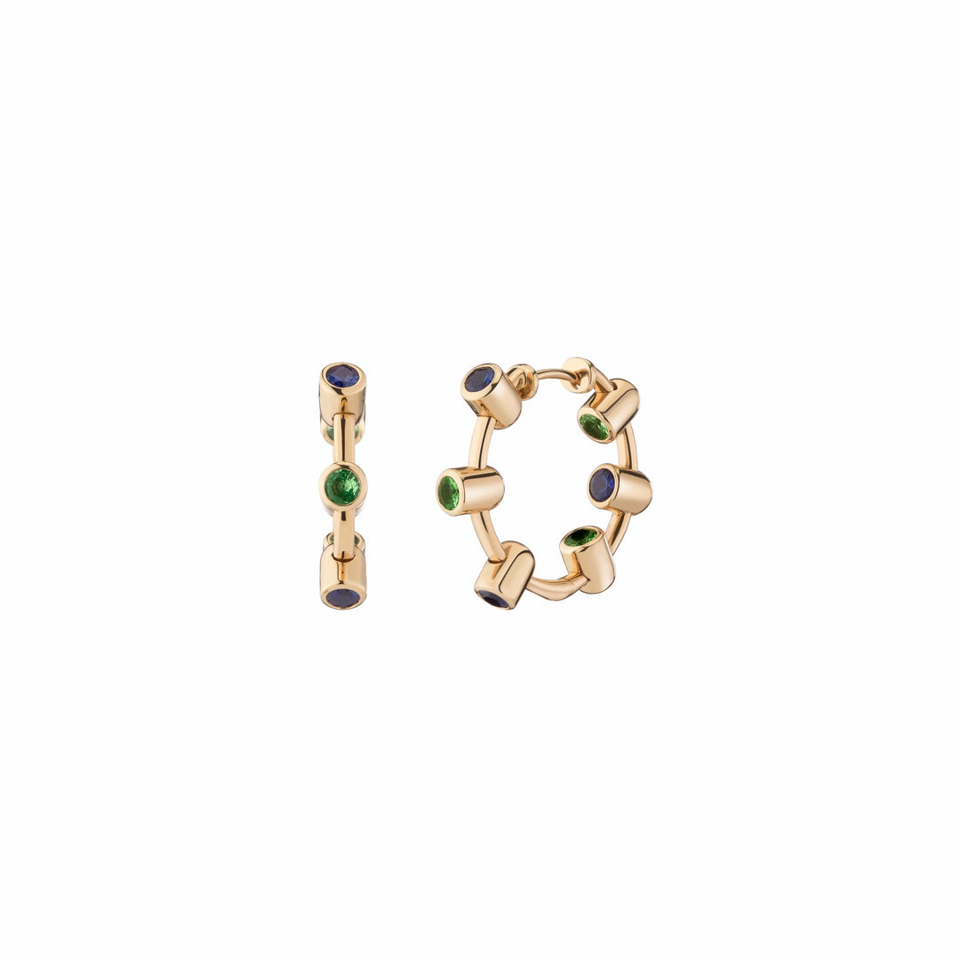 Mined + Found Earrings orbit hoop earrings, sapphire and tsavorite